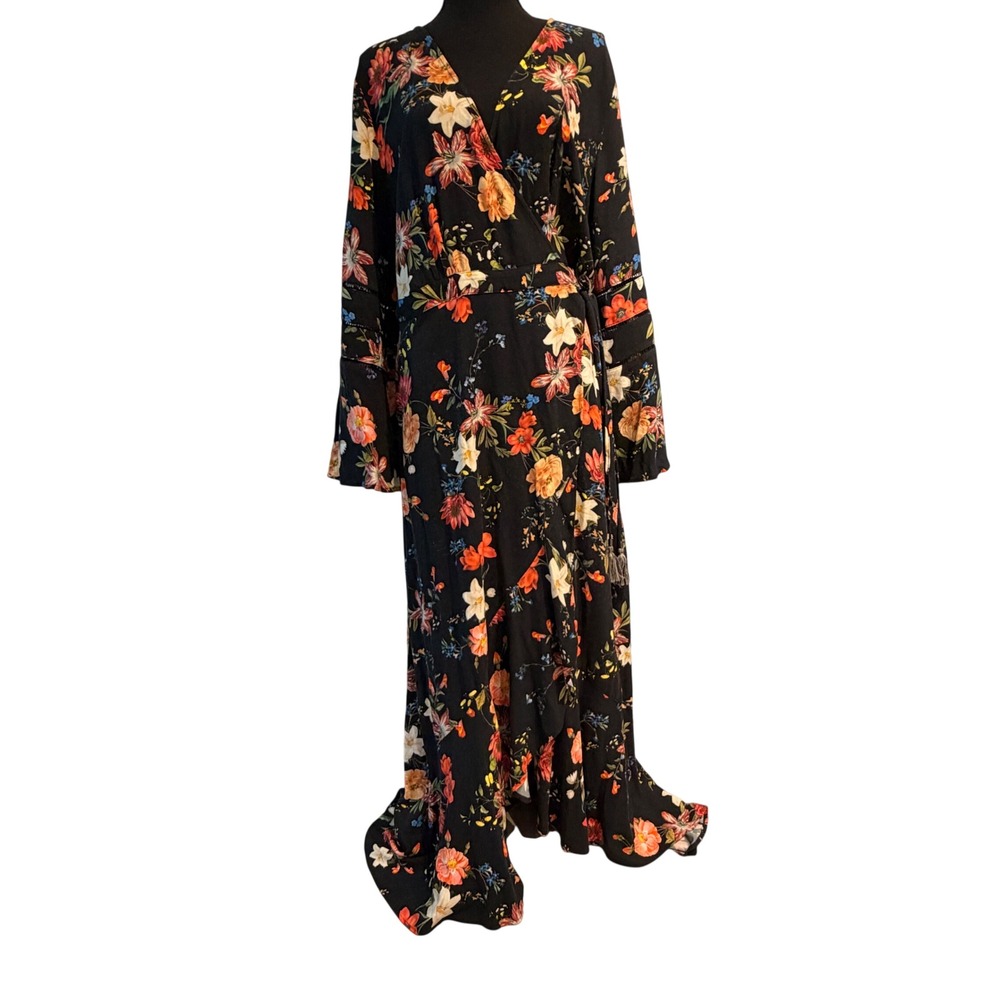 Farm Rio Black Floral Wrap Maxi Dress Bell Sleeve Tassel Boho Women Large L - Picture 3 of 10